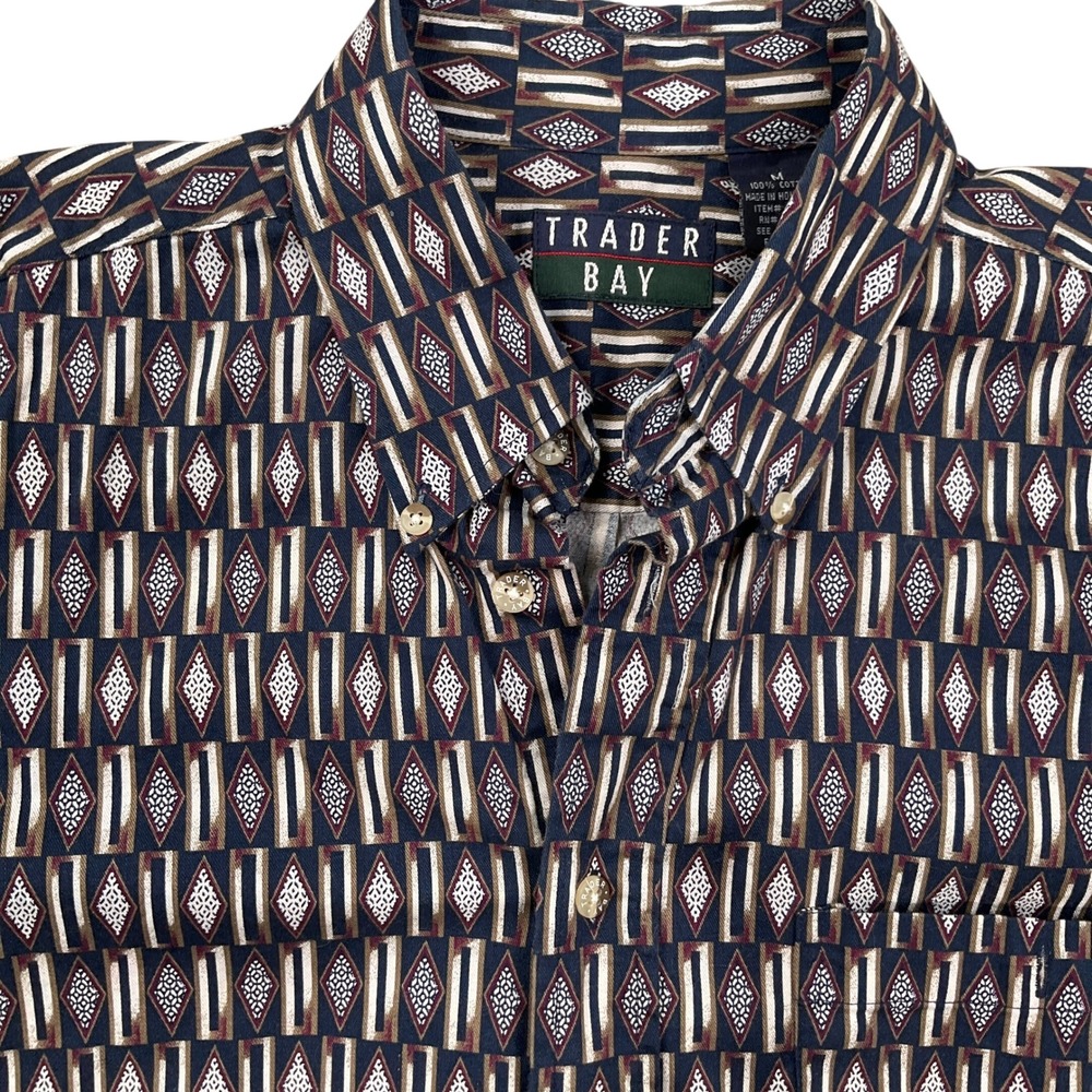 TRADER BAY Shirt Mens Medium Blue‎ Diamond Geometric Button Down Long Sleeve